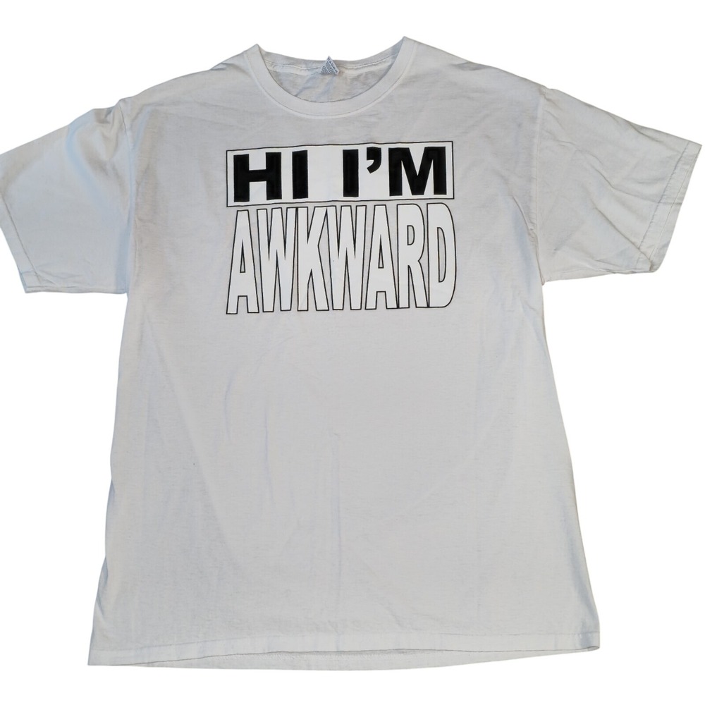 Hanes Mens Large T-Shirt Hi Im Awkward Funny Graphic Tee Short‎ Sleeve Cotton